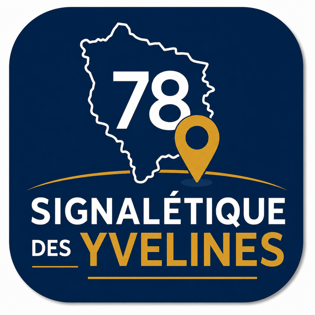 Notre histoire & notre savoir-faire Signalétique des Yvelines : logo représentant le département des Yvelines (78) avec un repère de localisation, symbole du savoir-faire local en signalétique, enseignes, plaques professionnelles et communication visuelle sur mesure depuis 1987.