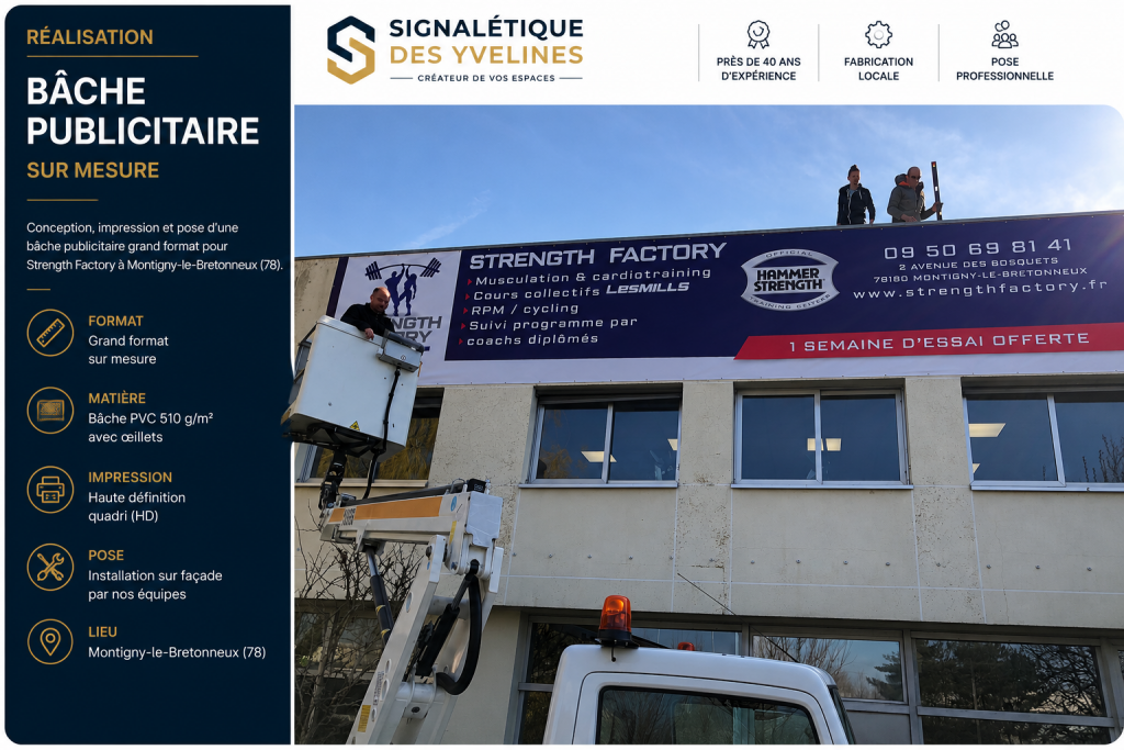 Bâches publicitaires & banderoles sur mesure Installation d'une bâche publicitaire PVC grand format pour la salle de sport Strength Factory à Montigny-le-Bretonneux (Yvelines). Fabrication et pose réalisées par Signalétique des Yvelines.