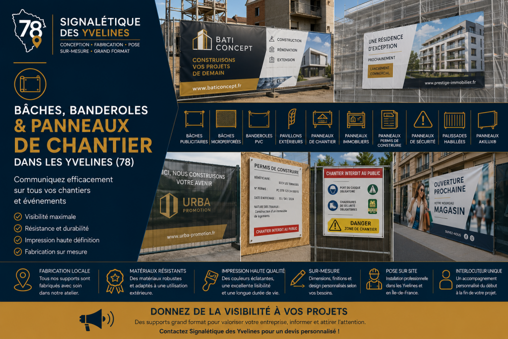 Bâches, banderoles et panneaux de chantier dans les Yvelines : bâches publicitaires, panneaux agents immobiliers, panneaux de permis de construire, panneaux de sécurité, palissades de chantier et impressions grand format réalisés sur mesure par Signalétique des Yvelines.