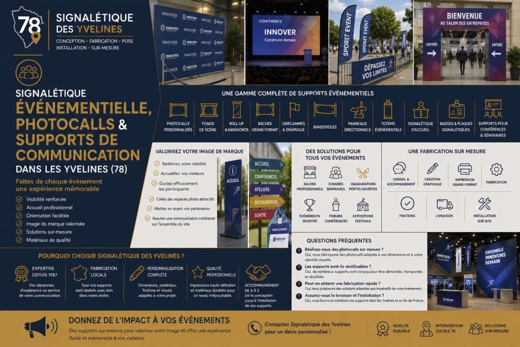Signalétique événementielle dans les Yvelines : photocalls personnalisés, mur images, fonds de scène, roll-up, kakémonos, oriflammes, bâches grand format, totems, arches d'accueil, panneaux directionnels et supports de communication sur mesure réalisés par Signalétique des Yvelines.