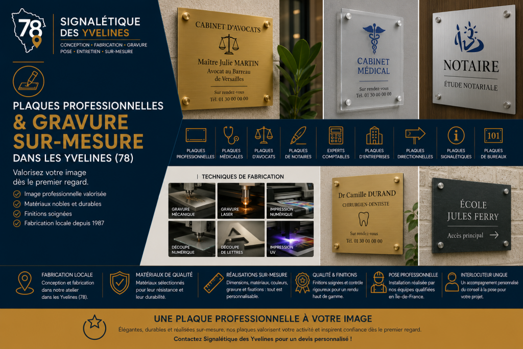 Plaques Professionnelles & Gravure sur-mesure dans les Yvelines (78) visuel signalétique, plaque professionnelle, profession libérale, profession juridique, huissier, commissaire de justice, avocat, notaire, juriste.