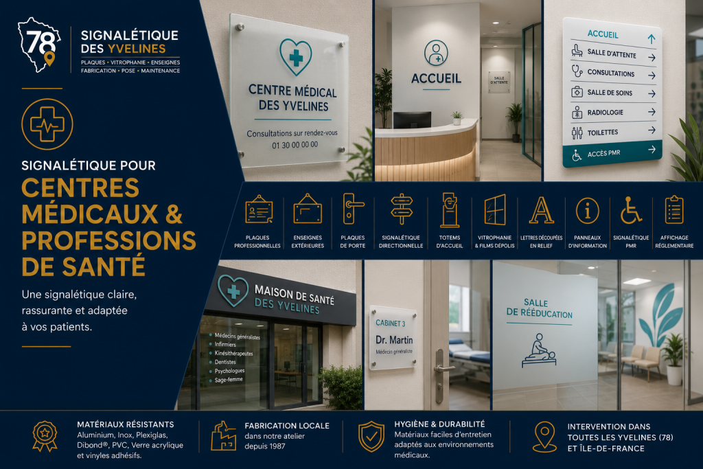 visuel signalétique pour cabinet medical profession santéSignalétique pour centres médicaux et professions de santé dans les Yvelines, Paris, Ile-de-France : plaques professionnelles, enseignes, signalétique intérieure, vitrophanie et orientation des patients.