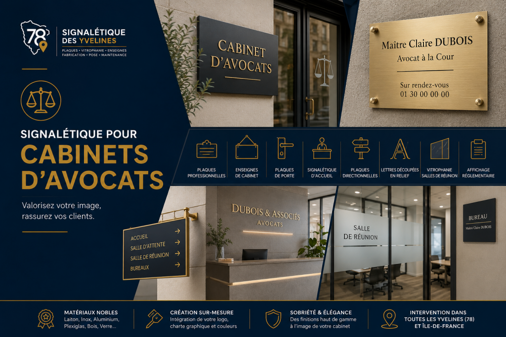 Signalétique pour cabinets d'avocats dans les Yvelines : plaques professionnelles, enseignes et signalétique intérieure.