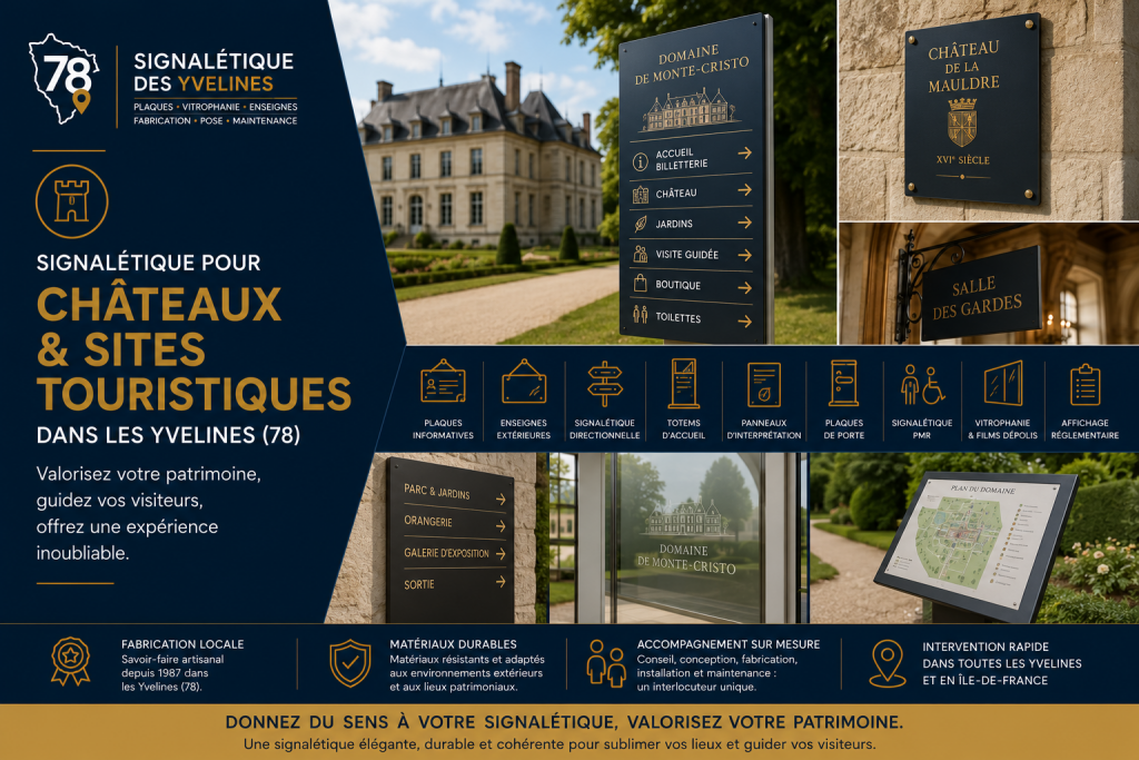 Signalétique pour châteaux et sites touristiques et de loisirs dans les Yvelines : totems d'accueil, panneaux directionnels, plaques patrimoniales, signalétique d'orientation et supports d'information sur mesure.