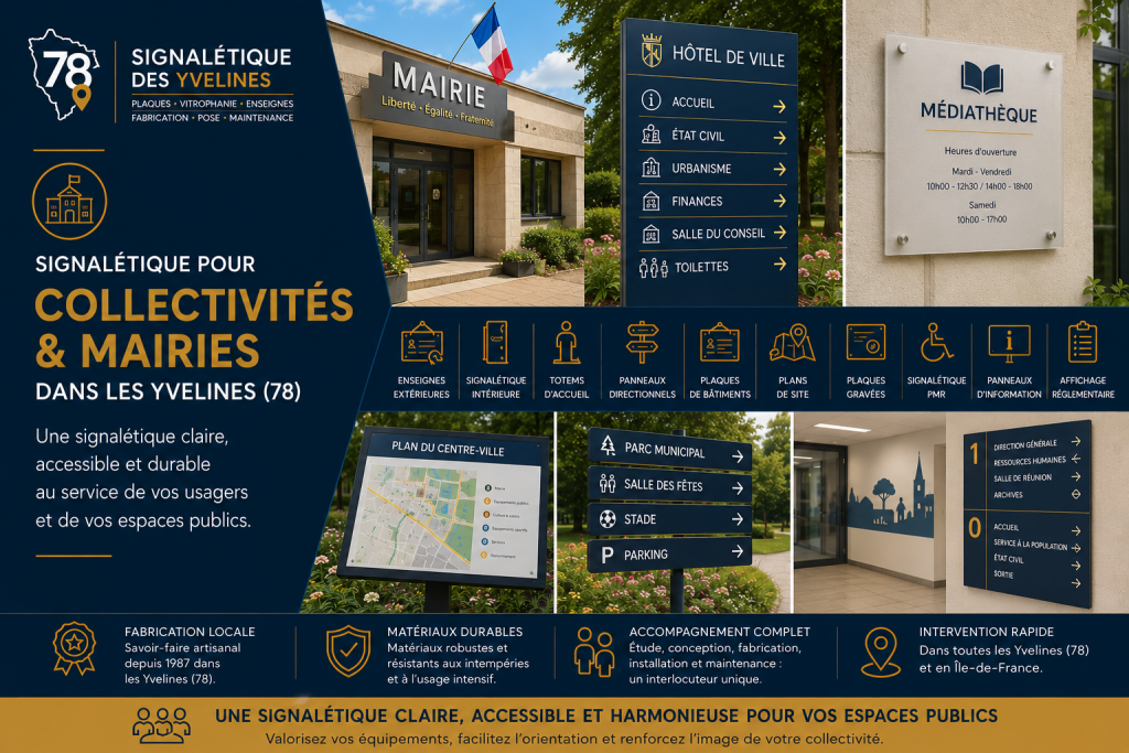 Signalétique pour collectivités et mairies dans les Yvelines : enseignes, totems d'accueil, panneaux directionnels, plaques de bâtiments, plans de site et signalétique intérieure fabriqués et installés sur mesure par Signalétique des Yvelines & Ile-de-France.