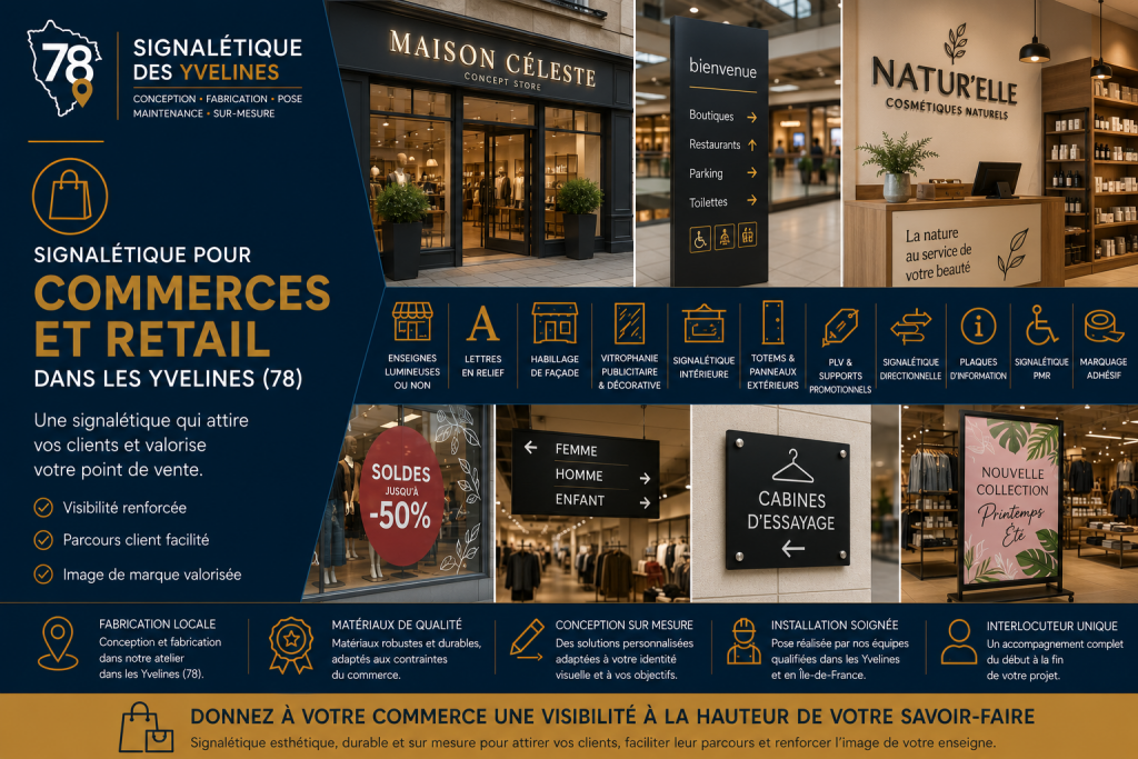 Signalétique pour commerces, franchisés, retail dans les Yvelines : enseignes, habillage de façade, vitrophanie, enseigne, PLV, signalétique intérieure, panneaux directionnels et marquage adhésif réalisés sur mesure pour valoriser votre point de vente et attirer vos clients.