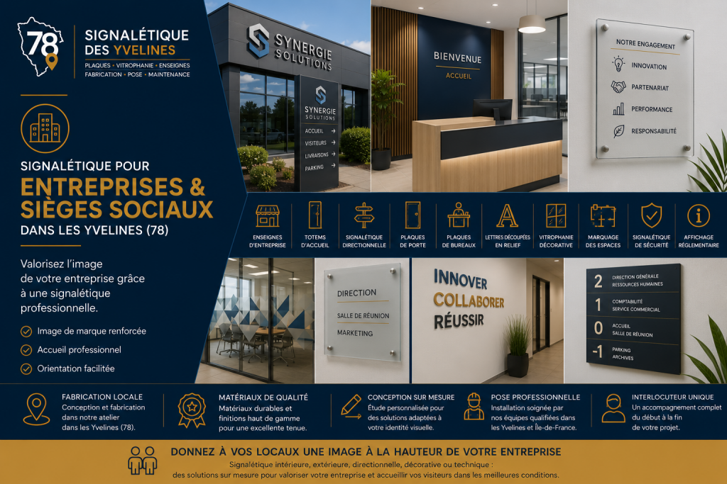 Signalétique pour entreprises et sièges sociaux dans les Yvelines, Paris, La Défense, Hauts-de-Seine : enseignes d'entreprise, totems d'accueil, plaques de bureaux, vitrophanie, signalétique directionnelle et marquage des espaces réalisés sur mesure par Signalétique des Yvelines.