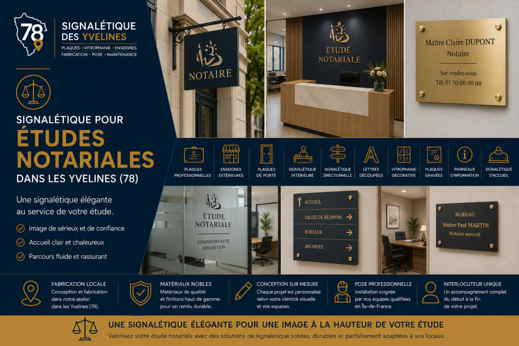 Signalétique pour études notariales dans les Yvelines : plaques professionnelles, enseignes, plaques de porte, vitrophanie, signalétique intérieure et directionnelle réalisées sur mesure pour valoriser l'image de votre étude notariale.