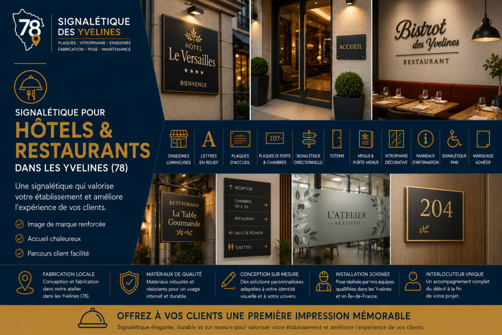 visuel signalétique pour hotels et restaurantsSignalétique pour hôtels et restaurants dans les Yvelines : enseignes, plaques d'accueil, signalétique intérieure, numérotation des chambres, vitrophanie, porte-menus, panneaux directionnels et marquage personnalisés réalisés sur mesure par Signalétique des Yvelines.