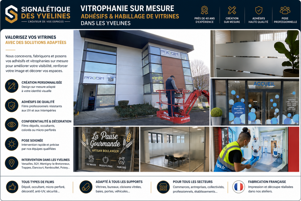 Vitrophanie Adhésifs & habillage de vitrines dans les Yvelines Réalisations de vitrophanie sur mesure et habillage de vitrines : films dépolis, adhésifs décoratifs et vitrophanies posés par Signalétique des Yvelines.