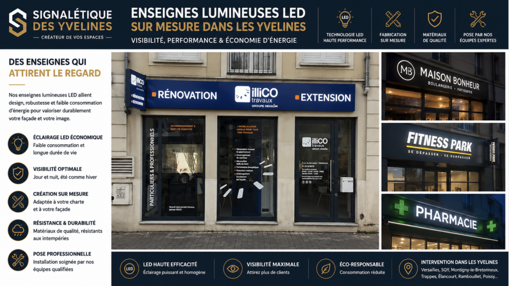 Enseignes lumineuses LED sur mesure dans les Yvelines Enseignes lumineuses LED sur mesure réalisées par Signalétique des Yvelines : enseigne bandeau, enseigne drapeau, lettres lumineuses et façades commerciales.