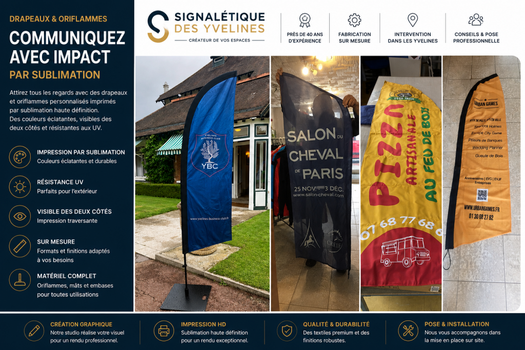Drapeaux publicitaires & Oriflammes personnalisés Exemples d'oriflammes et drapeaux publicitaires personnalisés imprimés par sublimation réalisés par Signalétique des Yvelines.