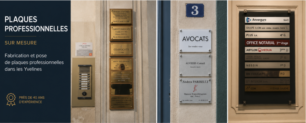 Plaque professionnelles sur mesure, plexi, alu, laiton, posées à Paris.