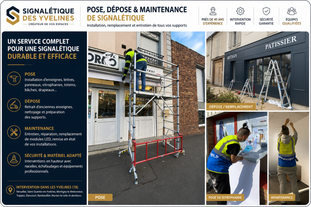 Interventions réalisées par Signalétique des Yvelines : pose d'enseignes, dépose et remplacement d'anciens supports, installation de vitrophanies et maintenance de signalétique dans les Yvelines, Paris, Hauts-de-Seine.